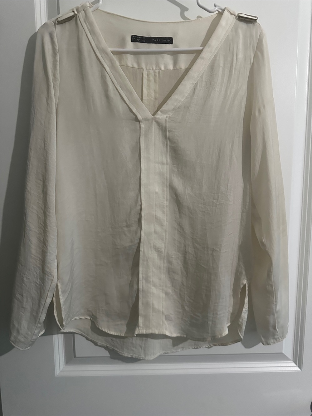 Zara Basic Cream V-Neck Sheer Blouse